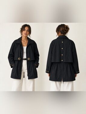Vintage Saks Fifth Avenue Black Cotton Trench/Rain Luxury Jacket Gold Hardware L